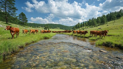 Poster - A herd of cows are walking along a river