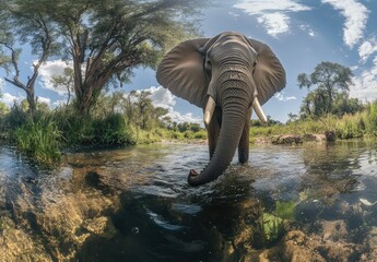 Wall Mural - A wide shot of an elephant standing in the river. It is looking at the camera and holding its trunk up, with other elephants behind it.