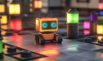 Orange robot toy with light on metal surface.