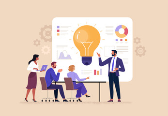 Fototapete - Business Idea Presentation Concept. Vector cartoon illustration of an office worker presenting his idea with a board with a light bulb and graphs in front of his colleagues. Isolated on background
