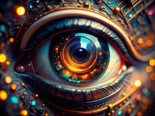 Poster - Robotic Eye Close-Up, Tilt-Shift Miniature, AI Generated Image, Futuristic Technology, Sci-Fi Photography