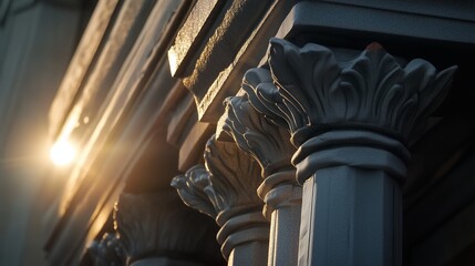 Poster - architectural details of classic columns highlighted by warm sunlight in an urban setting