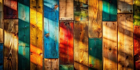 Poster - Rustic Wall of Colorful Wood Planks in Silhouette Photography Capturing the Texture and Depth of Nature's Palette