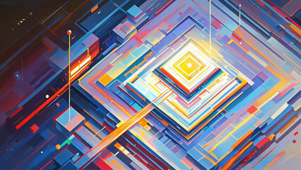 Poster - Colorful abstract geometric pattern with lines and shapes in a seamless tile design, creating a retro-inspired textured wallpaper with a stylish, decorative backdrop