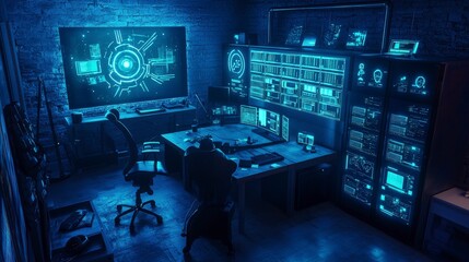 Poster - Cyber resilience workshop tech lab conceptual visualization dark environment aerial view data protection strategies
