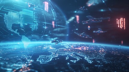 Poster - Futuristic global conflict depicted in space technology-driven visualization sci-fi aesthetic dramatic perspective
