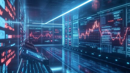 Fototapete - Innovative financial technology hub virtual space digital data visualization futuristic environment high-tech viewpoint