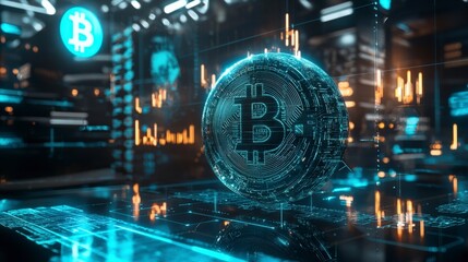 Fototapete - Futuristic cryptocurrency hub innovating finance virtual space digital art tech environment aerial view blockchain revolution