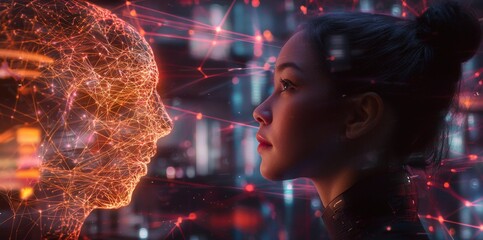 Poster - Exploring human-machine interaction in a futuristic environment digital art close-up abstract concepts