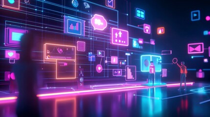 Poster - Visualizing social media marketing strategies futuristic neon infographic design in a dynamic digital space