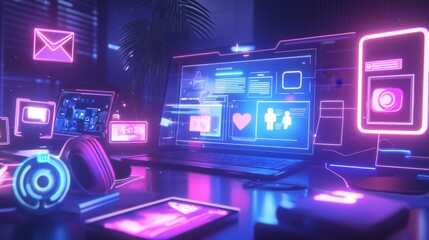 Poster - Dynamic visualization of social media marketing strategies engaging infographic design in a futuristic environment