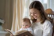 © Aleksandr - Smiling mother sits in rocking chair with baby on lap, enjoying storytime by the window in soft natural light