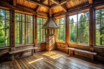 Poster - Serene Minimalist Photography of a Wooden Tower Room in Russia Surrounded by Lush Greenery, Inviting Natural Light, and a Peaceful Atmosphere for Tranquil Living Spaces