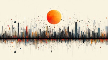 Wall Mural - Vibrant Abstract City Skyline at Sunset with Reflective Water, Featuring Colorful Circular Shapes, Silhouetted Skyscrapers, and Unique Artistic Elements