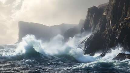  A dramatic ocean painting of crashing waves against jagged cliffs, with sea spray misting into the air. 