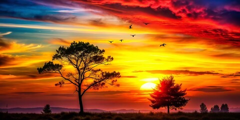 Poster - Silhouette Photography: Red, Yellow, Green Sunset, Nature, Landscape, Colorful, Dramatic, Trees, Plants, Birds, Animals,  Beach, Ocean, Cityscape, Artistic