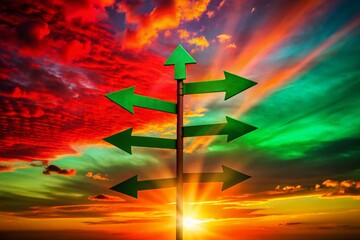 Poster - Silhouette Photography of Green and Red Arrows Pointing in Different Directions Against a Sunset Background Highlighting Directional Guidance and Movement Concepts