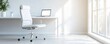 © ParinApril - A bright, modern workspace featuring a sleek white chair and minimalist desk, illuminated by natural light streaming through large windows.