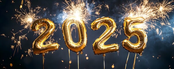 Fototapete - New Year greetings and Happy New Year celebration ideas with golden number balloons, a dark background with fireworks and confetti.