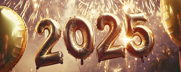 Fototapete - New Year greetings and Happy New Year celebration ideas with golden number balloons, a dark background with fireworks and confetti.