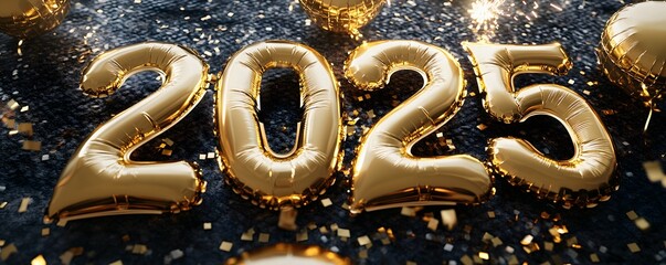 Fototapete - New Year greetings and Happy New Year celebration ideas with golden number balloons, a dark background with fireworks and confetti.
