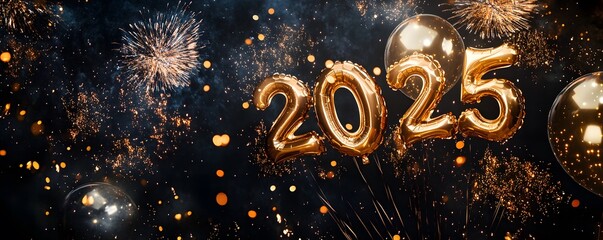 Fototapete - New Year greetings and Happy New Year celebration ideas with golden number balloons, a dark background with fireworks and confetti.