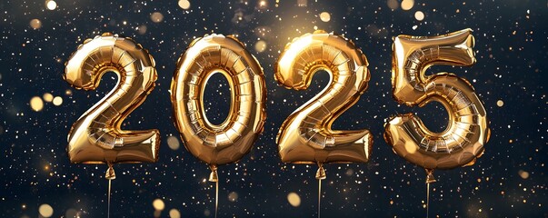 Fototapete - New Year greetings and Happy New Year celebration ideas with golden number balloons, a dark background with fireworks and confetti.