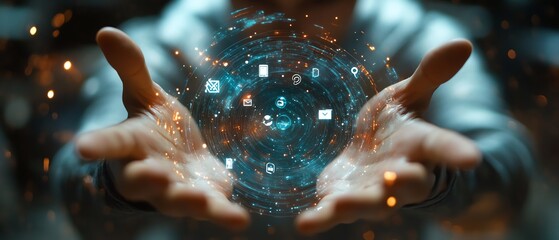 Poster - Man presenting a digital hologram with social media and app icons, hands open, online networks, business technology, digital interface, futuristic design