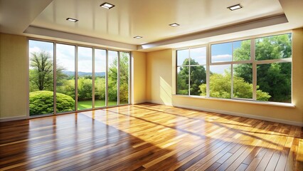 Poster - Spacious and Minimalist Empty Room with Light Walls and Wooden Floors, Perfect for Interior Design Concepts, Featuring Ample Copy Space for Text or Graphics