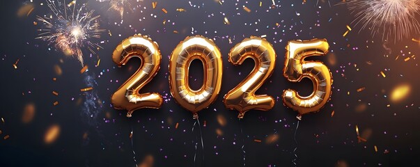 Fototapete - New Year greetings and Happy New Year celebration ideas with golden number balloons, a dark background with fireworks and confetti.