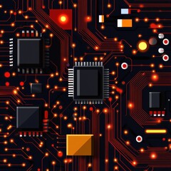 Fototapete - High-Tech Circuit Board with Microchips and Bright Connections