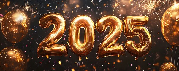 Fototapete - New Year greetings and Happy New Year celebration ideas with golden number balloons, a dark background with fireworks and confetti.