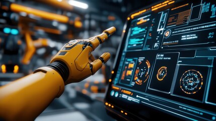 Fototapete - Robotic Hand Interacting with Futuristic Touchscreen Display in High-Tech Environment