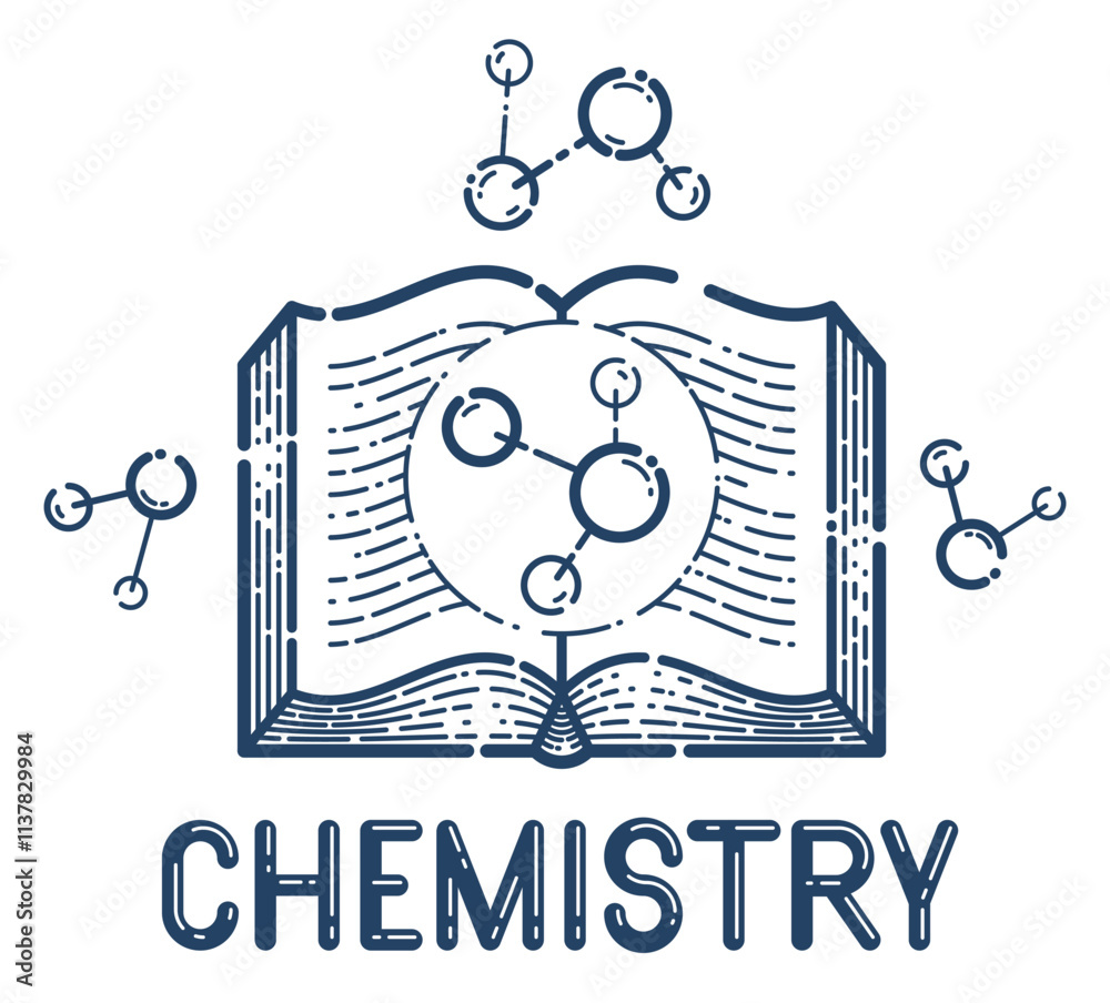 Open book with molecule vector linear icon, education and scientific ...