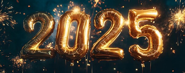 Fototapete - New Year greetings and Happy New Year celebration ideas with golden number balloons, a dark background with fireworks and confetti.
