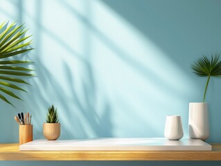 Poster - Contemporary Minimalist Indoor Scene with Plants and Decorative Elements on a Blue Wall