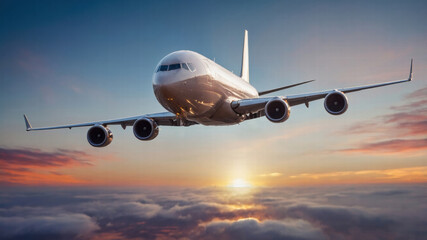 Wall Mural - Airplane flying against a sunset sky