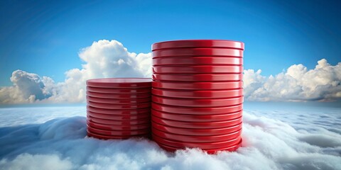 Poster - Stacked Red Disks with a Cloud Overhead, Representing Data Storage and Technology Advancement in a Modern Digital Environment