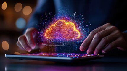 Poster - Hands Interacting with Laptop Keyboard and Cloud Computing Concept