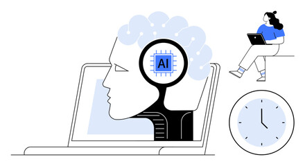 Human brain with AI chip inside a laptop, woman working on laptop, clock showing time. Ideal for AI technology, machine learning, robotics, future tech, innovation, human-AI collaboration, digital