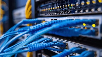 Poster - Network panel blinking with blue ethernet cables illustrates the concept of innovative manufacturing, highlighting connections in technology and modern industrial processes