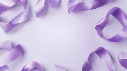 Wall Mural - An empowering Women's History Month scene with symbolic purple ribbons and silhouettes of women against a soft lavender background, macro shot, Minimalist style