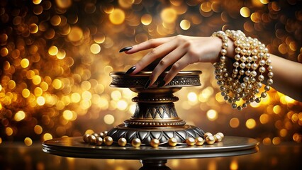 Poster - Stunning Black and White Hand Model Displayed on a Luxurious Gold Pedestal with Bokeh Effect Creating a Striking Contrast for Artistic Photography