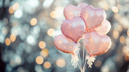 Wall Mural - Pink heart shaped balloons with lace adornments float gently