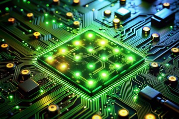 Poster - Stunning Close-Up of a Computer Circuit Board Illuminated by Vibrant Green LED Lights, Showcasing Intricate Details of Technology and Innovation in a Modern Digital World