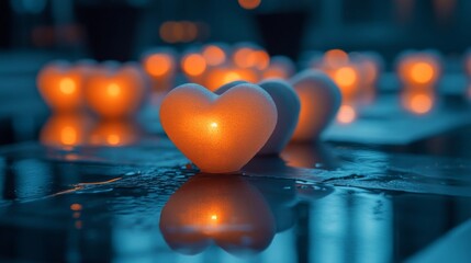 Poster - Illuminated Heart Shaped Candles Reflecting In Water