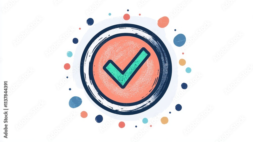 Circular emblem featuring green check mark symbol with colorful dots ...