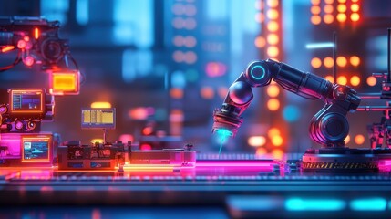 Poster - Futuristic Industrial Robotic Arm in High-Tech Workspace with Vibrant Neon Lights