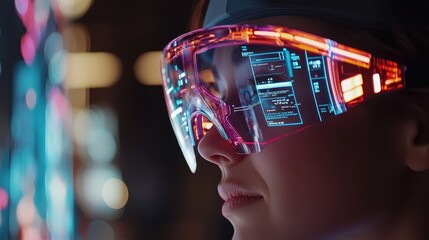 Poster - Futuristic Female User with High-Tech Augmented Reality Glasses in Modern Digital Environment
