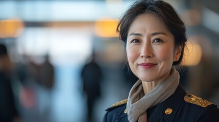 Senior female pilot wearing traditional attire at bustling airport environment